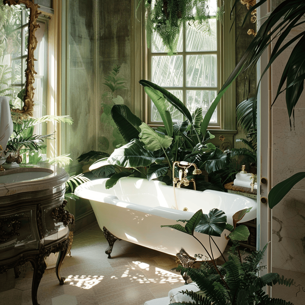 A bathroom filled with lush, tropical plants, creating a serene and spa-like atmosphere