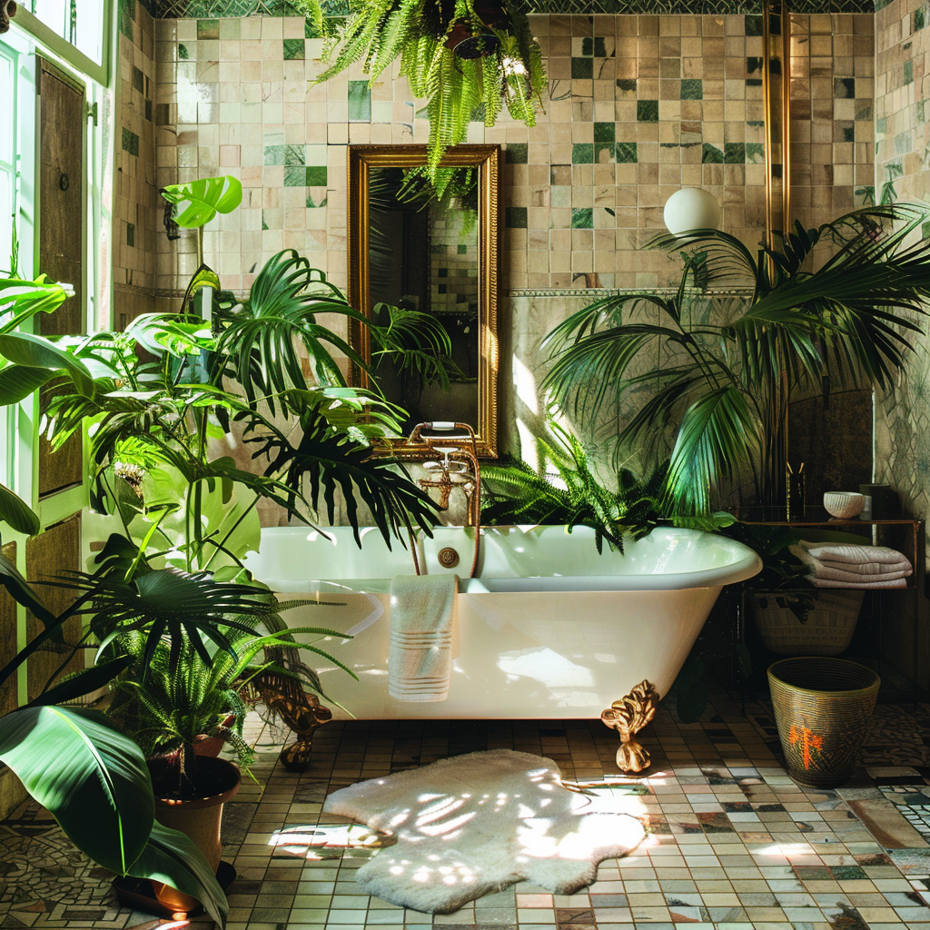 A bathroom filled with lush, tropical plants, creating a serene and spa-like atmosphere