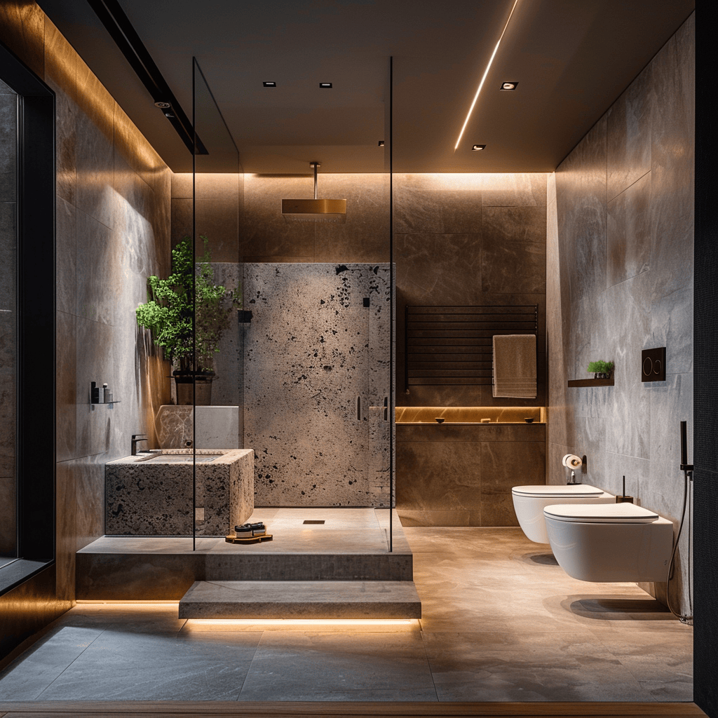 A bathroom with a combination of ambient, task, and accent lighting, creating a well-lit and inviting space suitable for various activities and moods