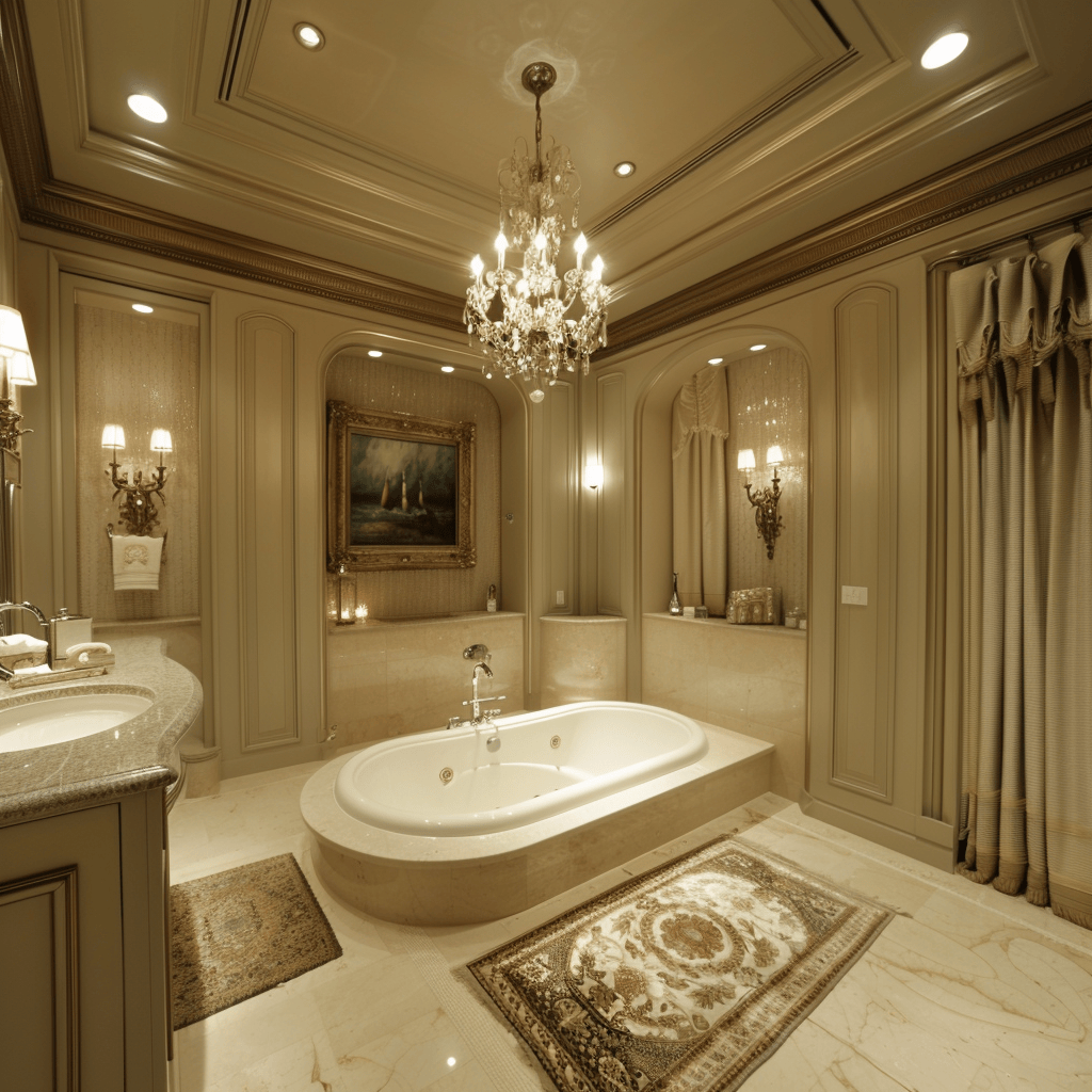 A bathroom with a stunning chandelier above the bathtub, complemented by soft, warm lighting from sconces and recessed lights, bathroom