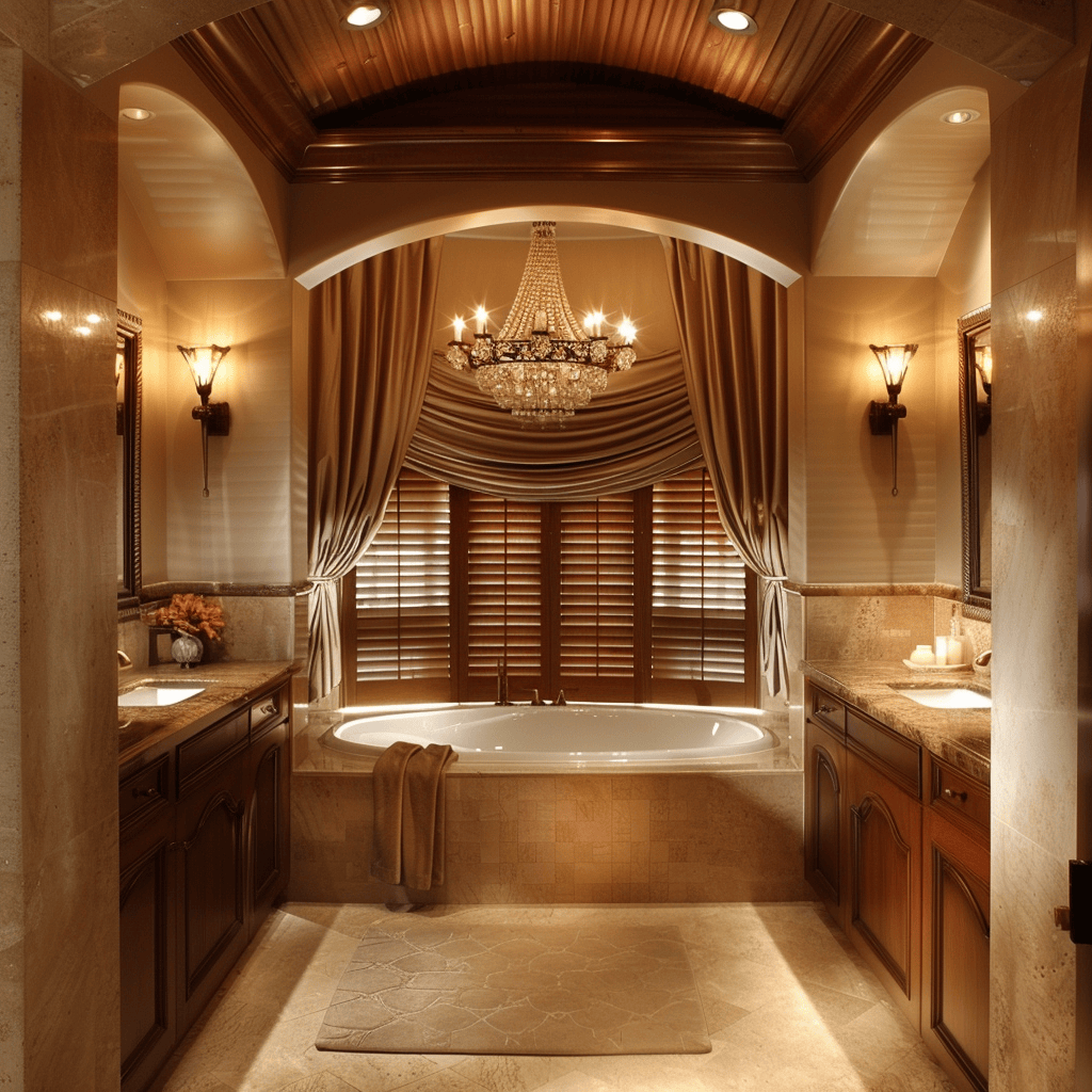 A bathroom with a stunning chandelier above the bathtub, complemented by soft, warm lighting from sconces and recessed lights, bathroom