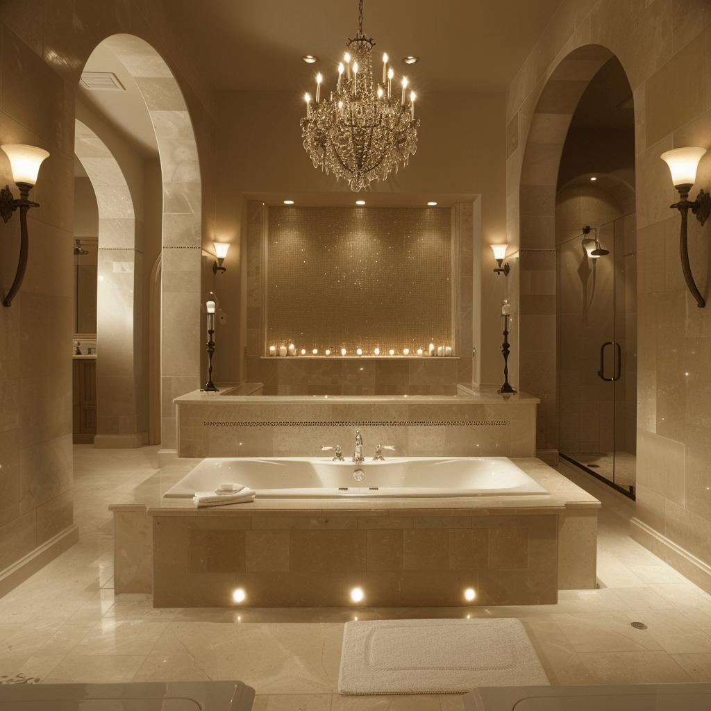 A bathroom with a stunning chandelier above the bathtub, complemented by soft, warm lighting from sconces and recessed lights, bathroom