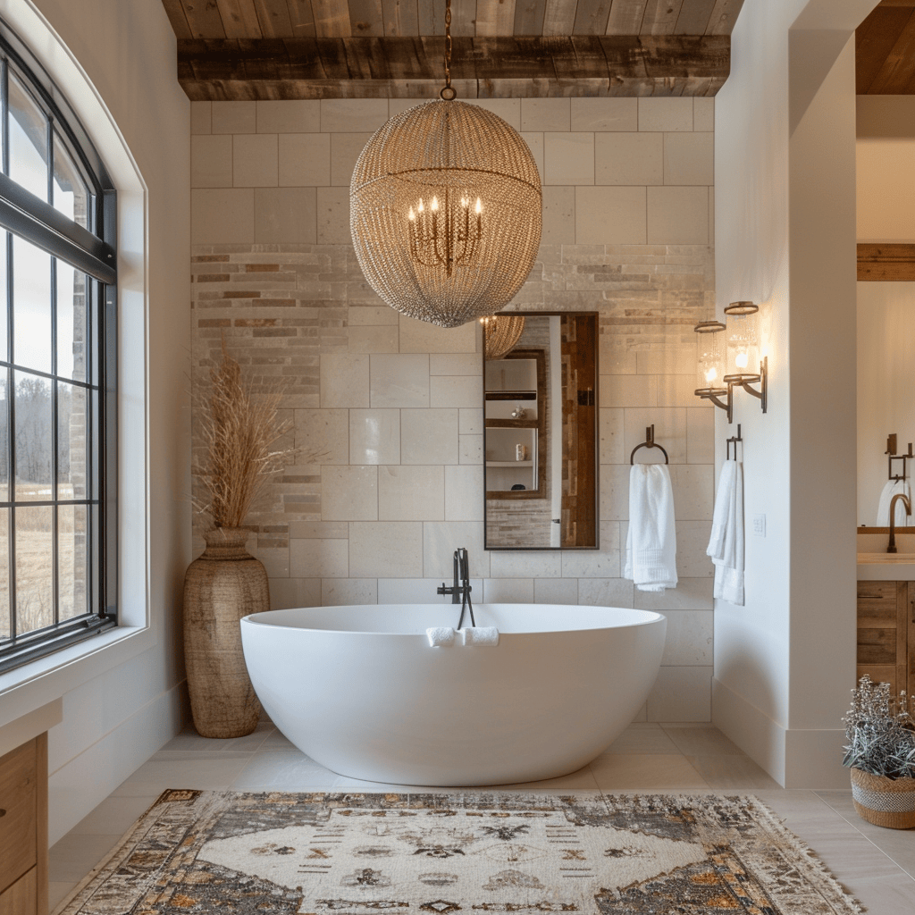 A bathroom with a stunning, oversized pendant light fixture above a freestanding tub, creating a focal point and elevating the overall design