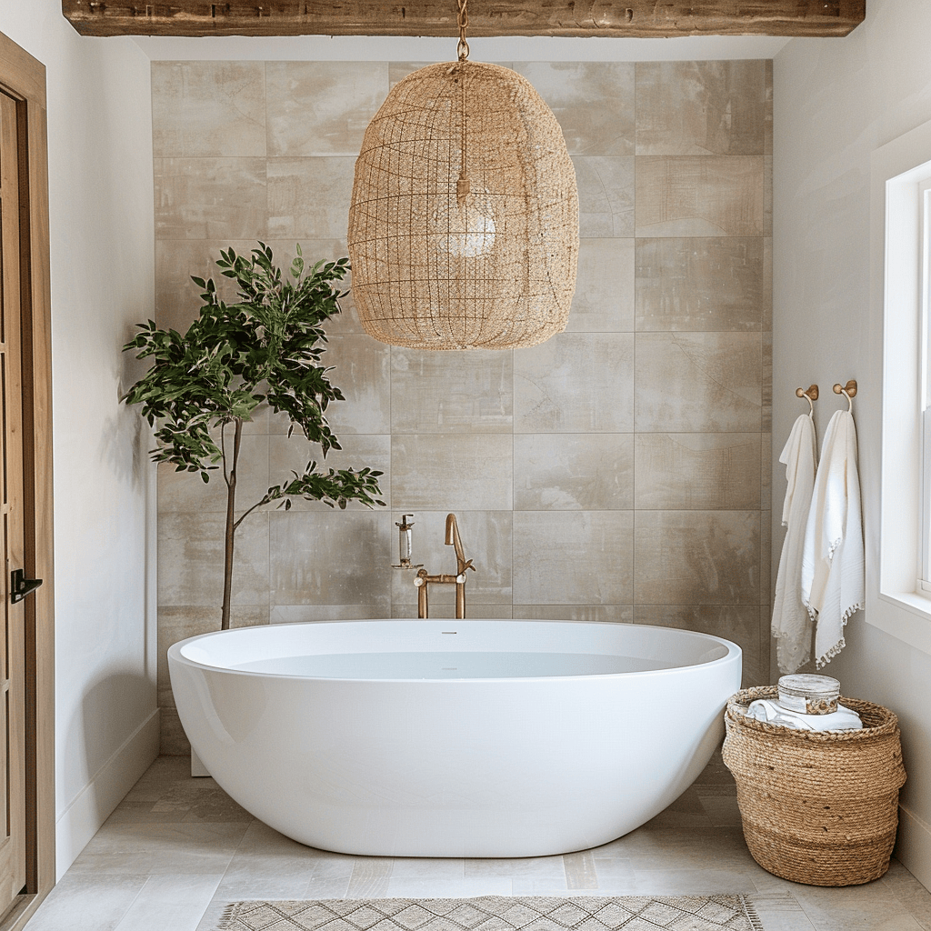 A bathroom with a stunning, oversized pendant light fixture above a freestanding tub, creating a focal point and elevating the overall design