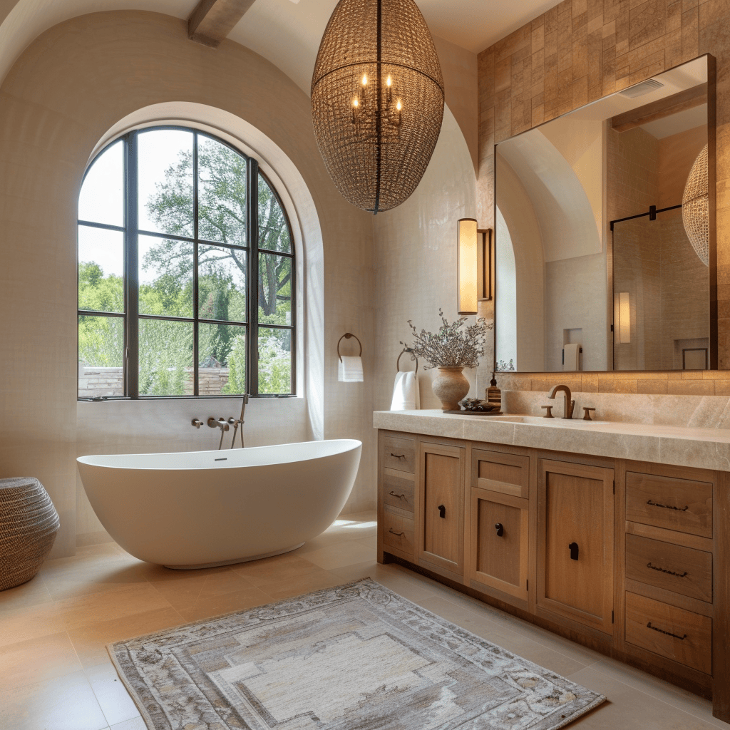 A bathroom with a stunning, oversized pendant light fixture above a freestanding tub, creating a focal point and elevating the overall design