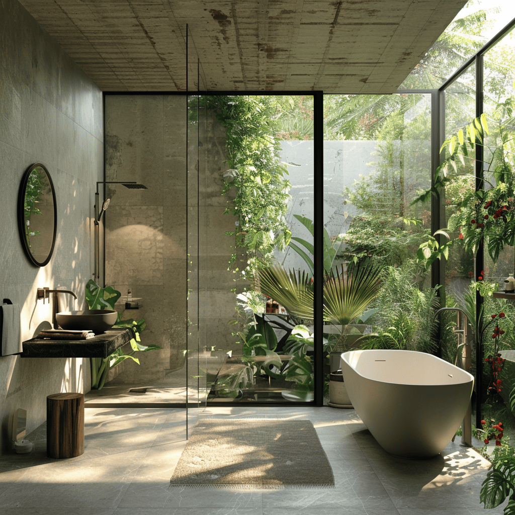 A bathroom with floor-to-ceiling windows overlooking a lush garden, filling the space with natural light and blurring the line between indoors and outdoors