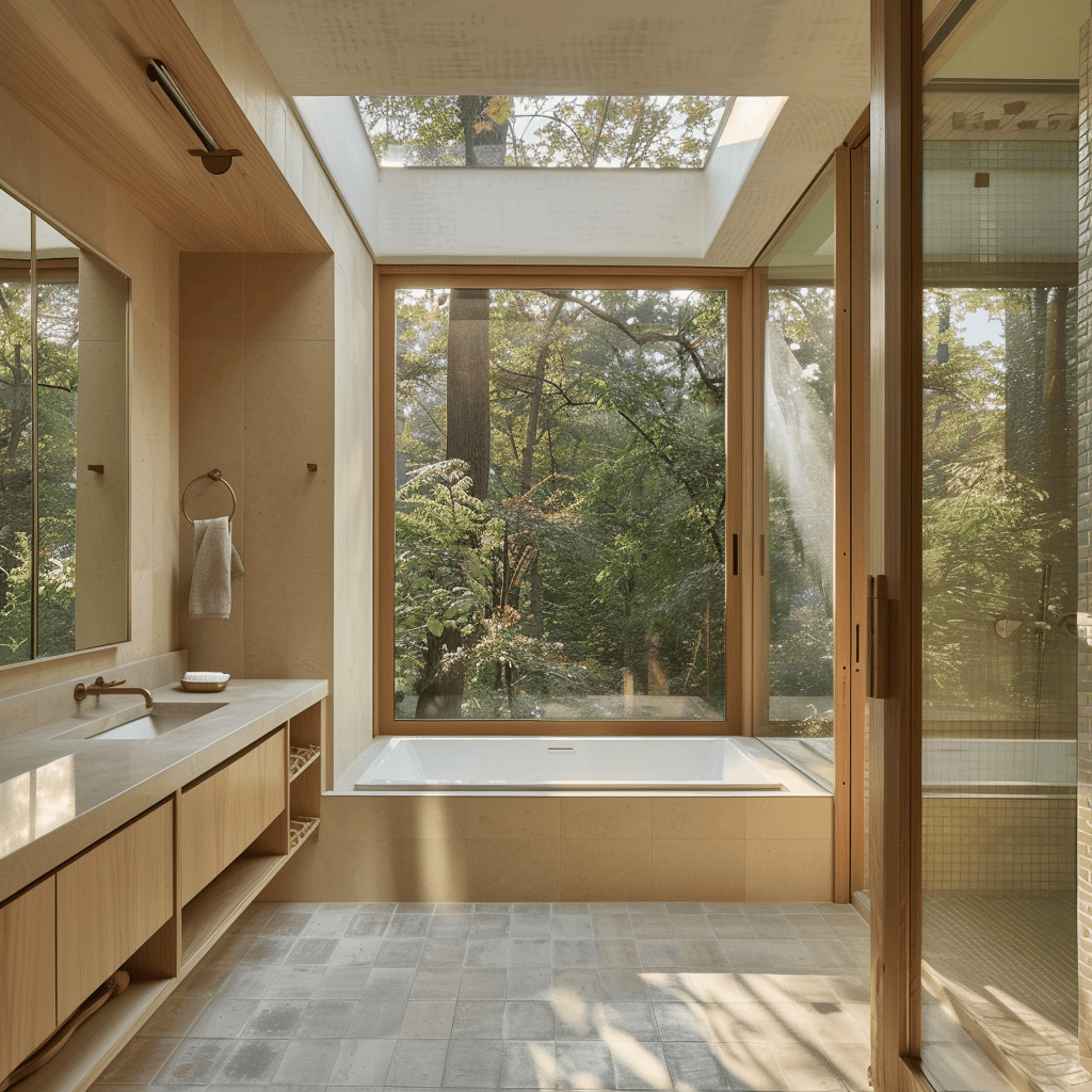 A bathroom with large, operable windows and a skylight, allowing for ample natural ventilation and fresh air circulation