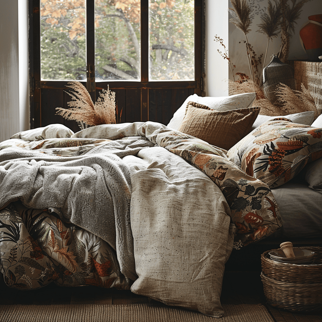 A bed with a textured, earthy-toned duvet cover, layered with a soft, woolen quilt in a complementary nature-inspired pattern