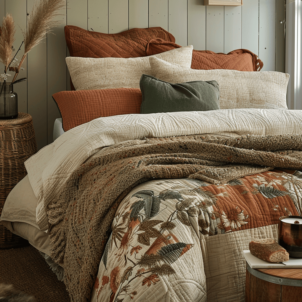 A bed with a textured, earthy-toned duvet cover, layered with a soft, woolen quilt in a complementary nature-inspired pattern