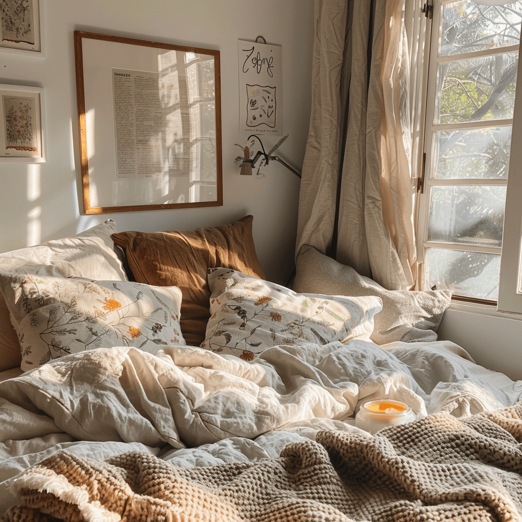 A bed with layers of cozy, earthy-toned bedding, including linen sheets, a chunky knit blanket, and pillows with nature-inspired prints