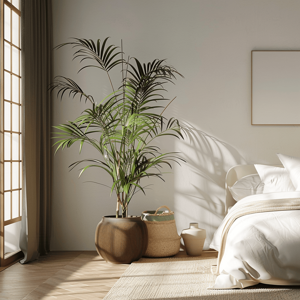 A bedroom corner with a tall, leafy potted plant, bringing a touch of green and vitality to the space