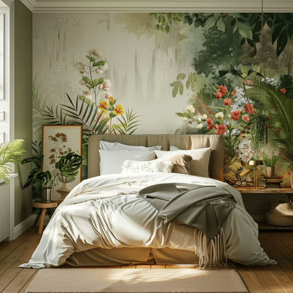 A bedroom featuring a bold, nature-inspired wallpaper accent wall with a forest or botanical print