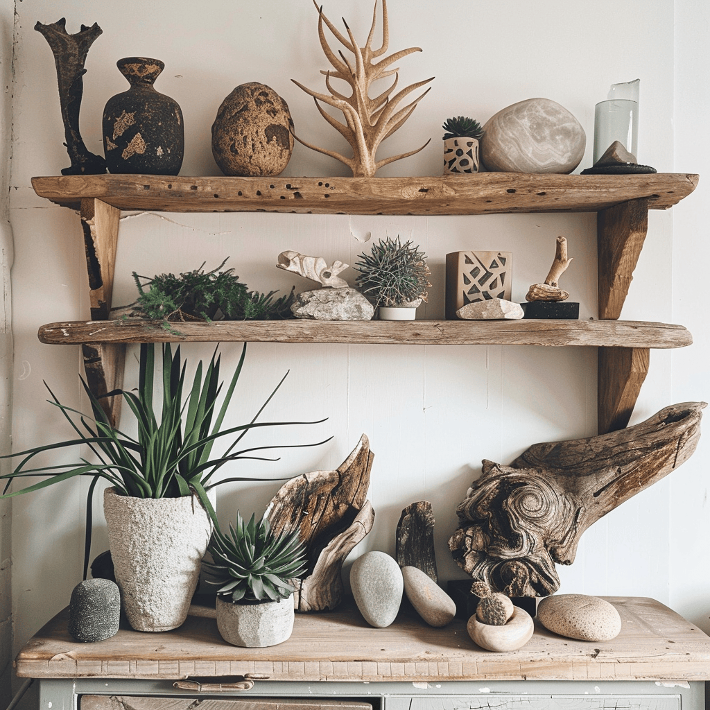 A bedroom shelf displaying a collection of natural accessories, including potted plants, driftwood, and stones