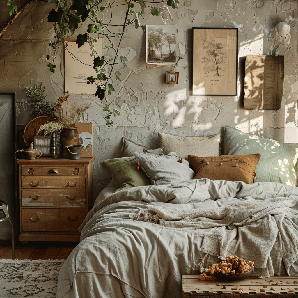 A bedroom that combines earthy elements with unique, personal decor items, such as a vintage nature-inspired tapestry or a gallery wall of favorite nature photographs