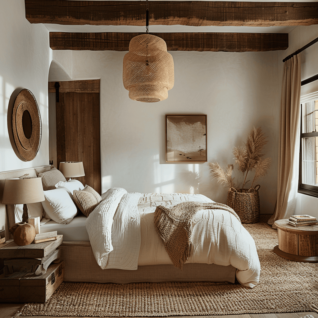 A bedroom that seamlessly blends earthy elements with personal touches, creating a unique and inviting space