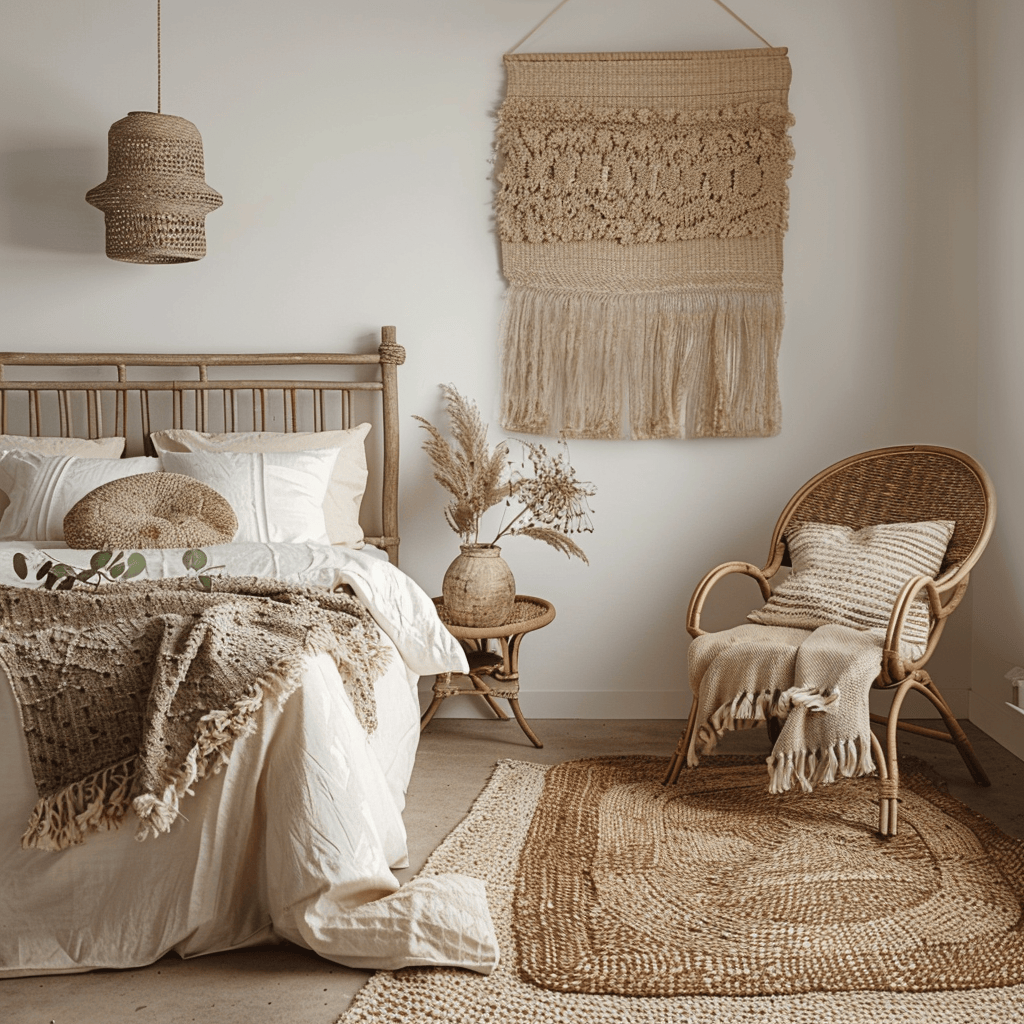 A bedroom vignette showcasing a variety of organic textures, including a woven wall hanging, a rattan chair, and a jute rug