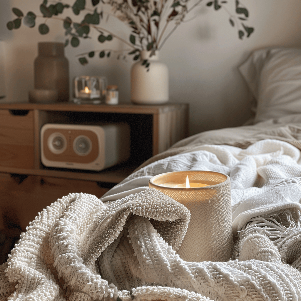 A bedroom vignette with a scented candle, a soft, cozy blanket, and a nature sound machine, creating a multi-sensory experience