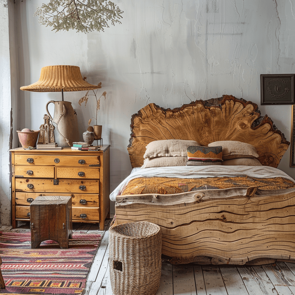 A bedroom with a mix of rustic, wooden furniture pieces, including a live-edge headboard and a hand-carved dresser