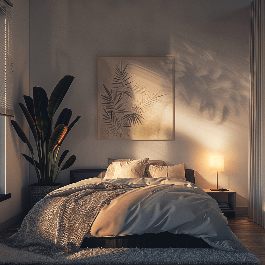 A bedroom with a potted plant or nature-inspired artwork highlighted by a small, directional spotlight