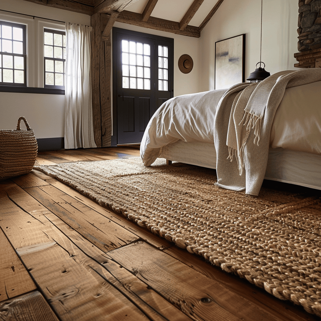 A bedroom with a rustic, wide-plank hardwood floor, partially covered by a cozy, textured area rug in natural fibers