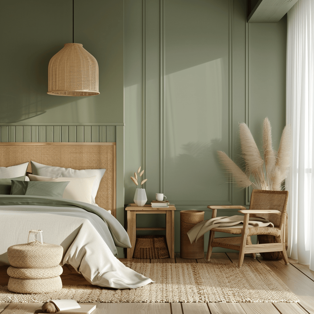 A bedroom with a soothing, sage green accent wall, complemented by neutral walls and natural wood furniture