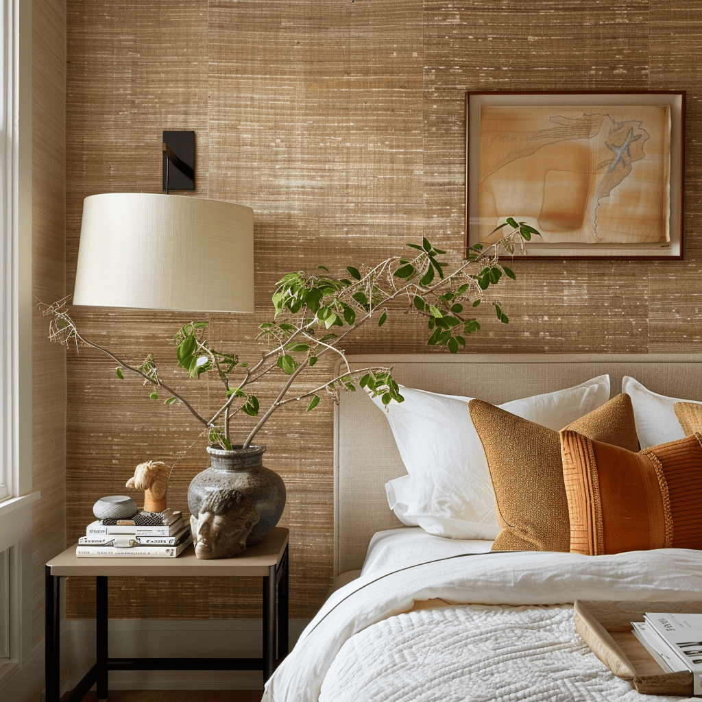 A bedroom with a textured, grasscloth wallpaper in a warm, neutral tone, creating a cozy and inviting atmosphere
