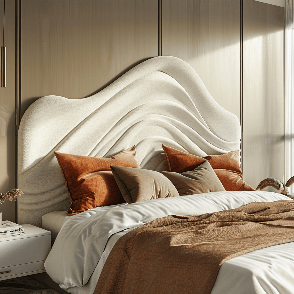 A bedroom with an upholstered headboard in a soft, curved shape, reminiscent of gentle hills or ocean waves