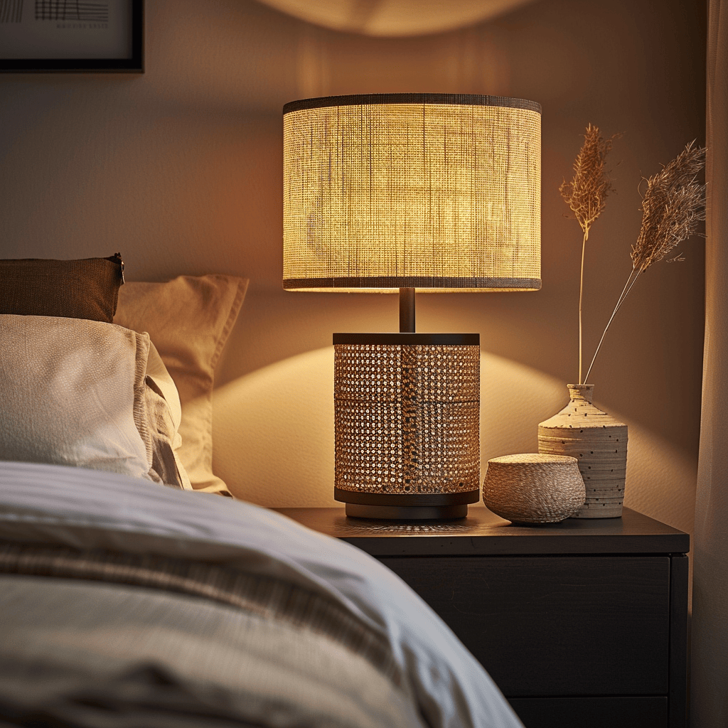 A bedroom with soft, diffused lighting emanating from a table lamp with a natural, woven shade