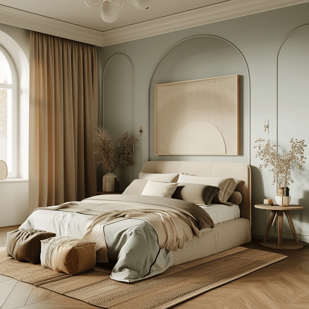 A bedroom with walls painted in a soft, earthy palette, including warm beige, muted green, and pale blue