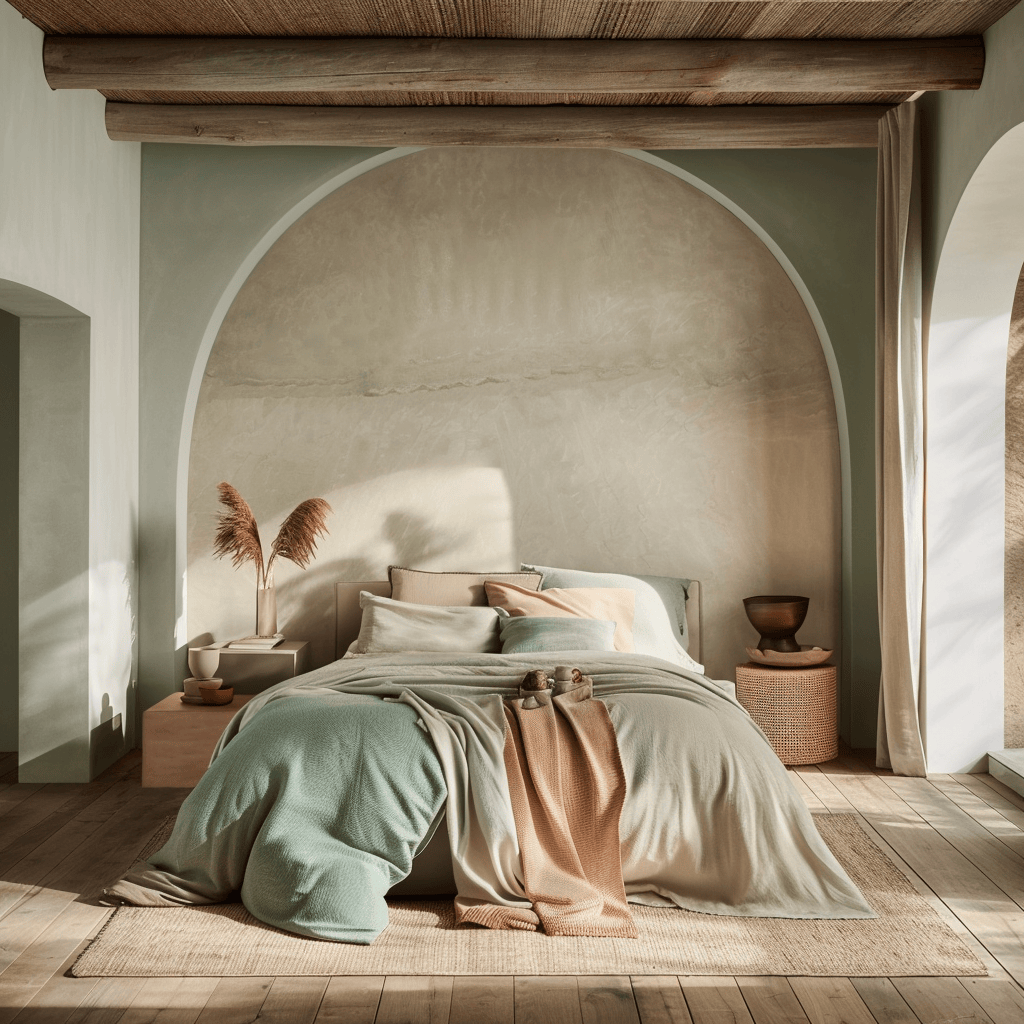 A bedroom with walls painted in a soft, earthy palette, including warm beige, muted green, and pale blue