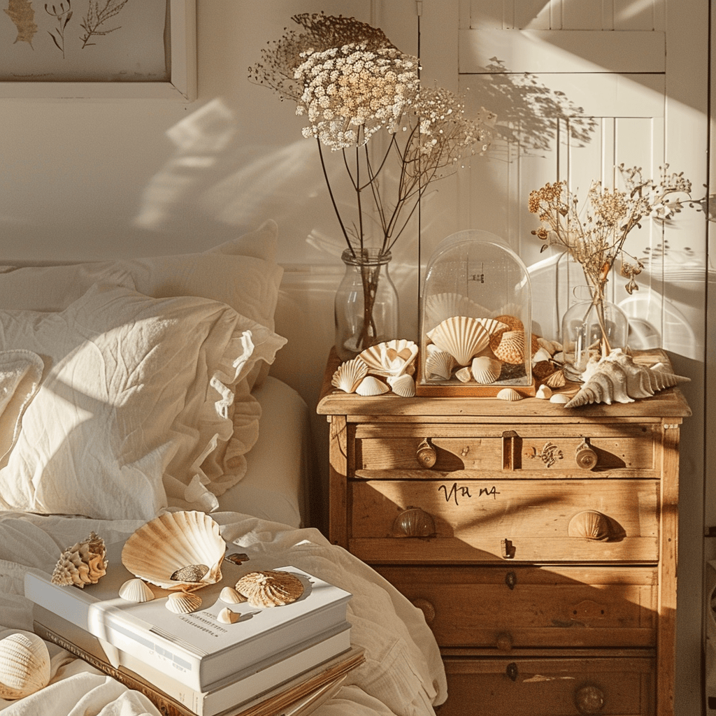 A bedside table displaying a collection of meaningful natural objects, such as seashells, pressed flowers, or a small terrarium