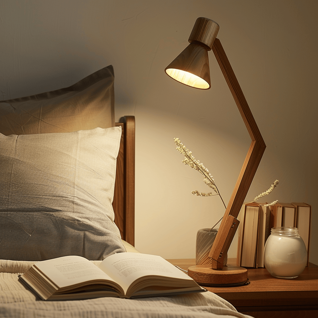 A bedside table with a adjustable, wooden reading lamp, illuminating a book with a warm, focused light
