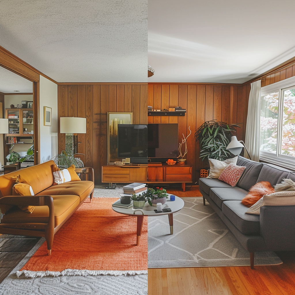 A before-and-after comparison of a living room transformed by the power of mid-century modern color palettes and design principles2