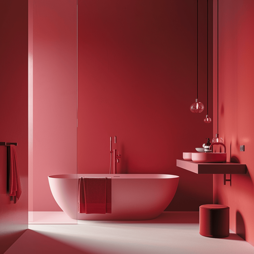 A bold, minimalist modern bathroom with a monochromatic color scheme, showcasing various shades of a single color throughout the space, modern bathroom