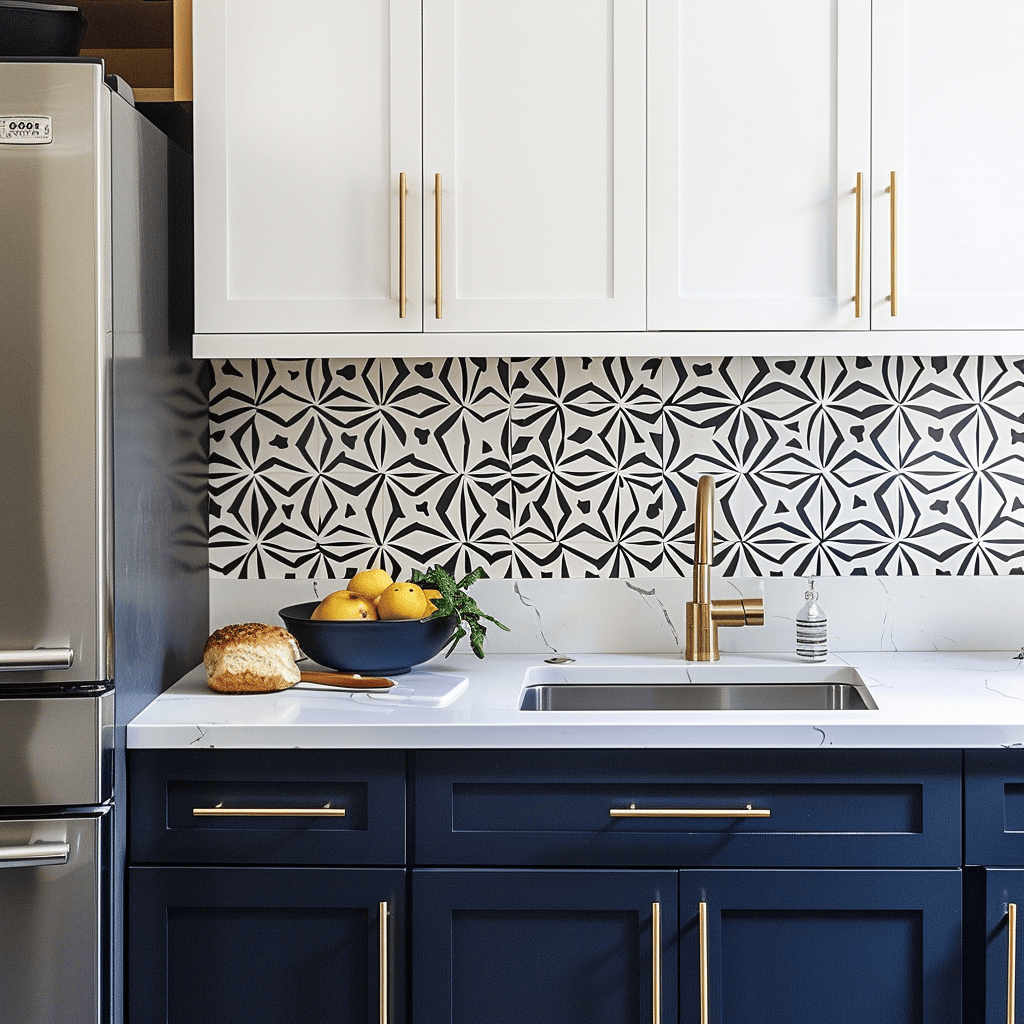 A bold, two-toned kitchen with deep navy blue lower cabinets and crisp white upper cabinets, accented by brushed gold hardware and a vibrant, patterned backsplash