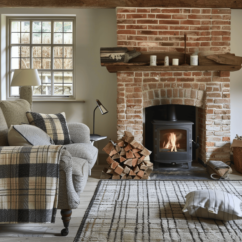 A brick fireplace serves as the cozy and inviting focal point of a Modern English Farmhouse living room, with a simply styled mantelpiece and a comfortable seating area nearby