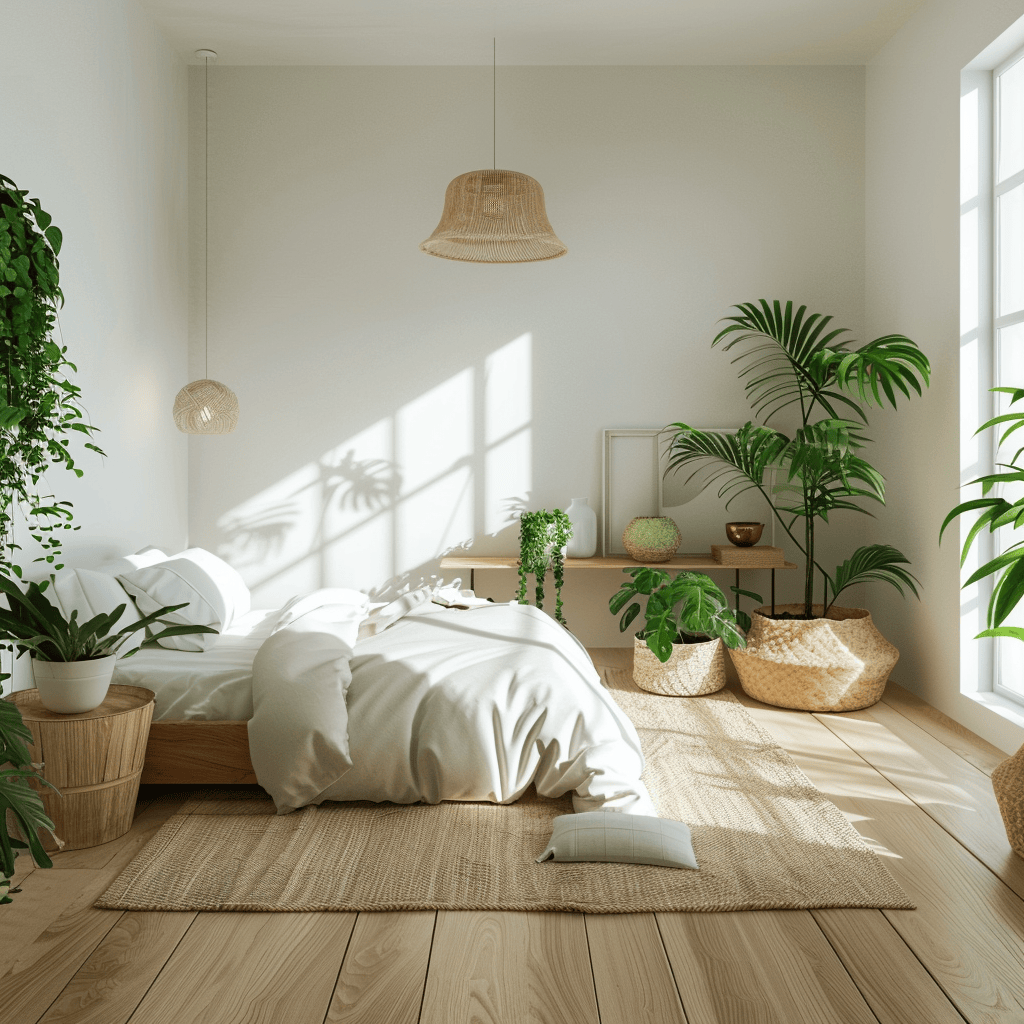 A bright, airy bedroom with a light-colored bamboo floor, green plants, and minimalist, sustainable furniture