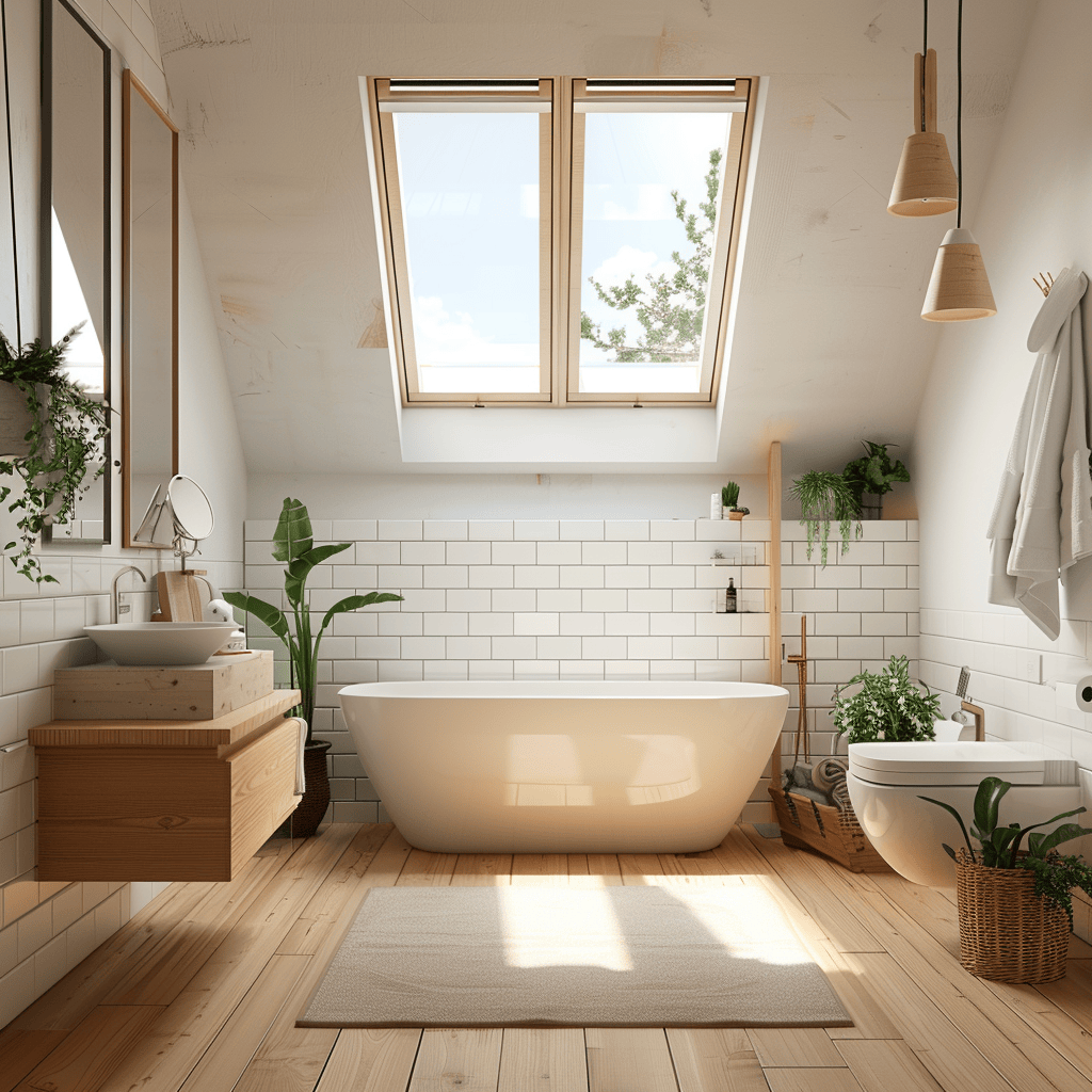 A bright and airy bathroom with a large operable window, a humidity-sensing exhaust fan, and a skylight for natural light and ventilation, bathroom