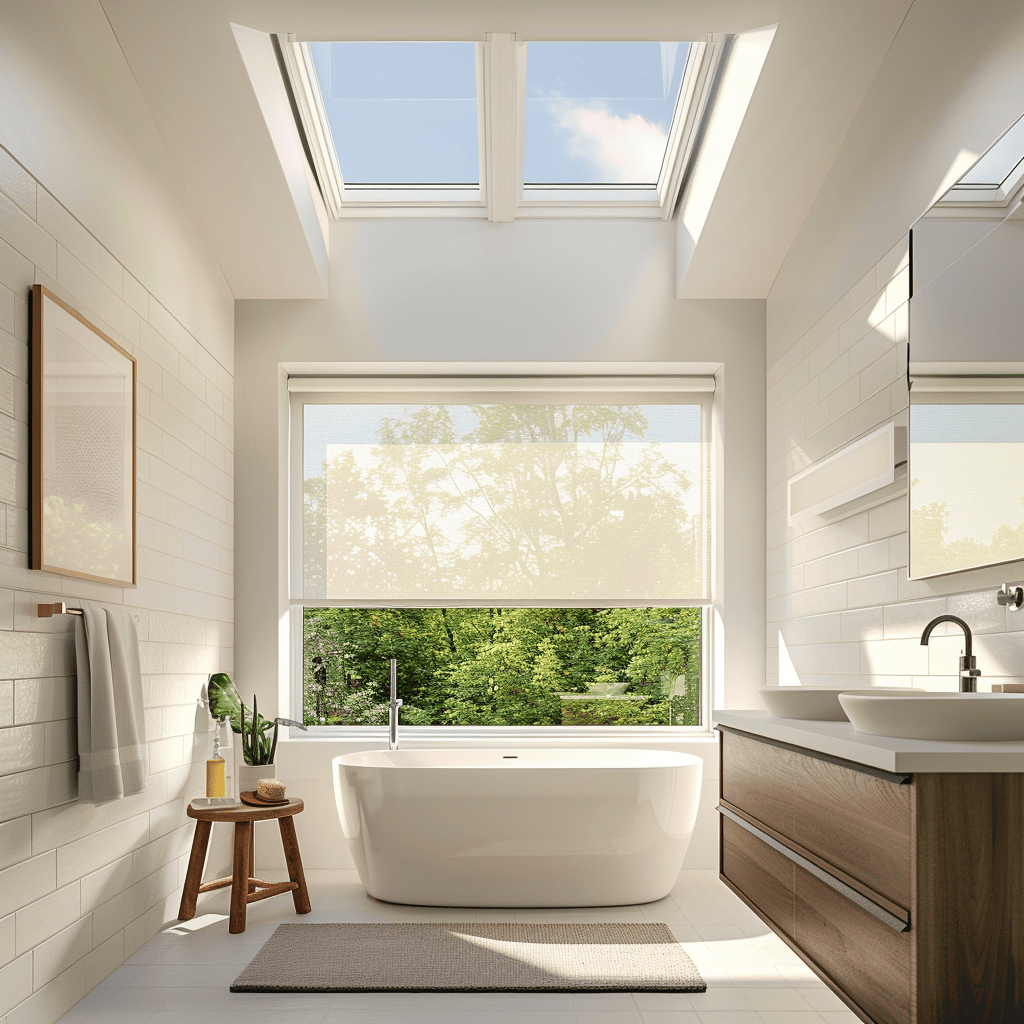 A bright and airy bathroom with a large operable window, a humidity-sensing exhaust fan, and a skylight for natural light and ventilation, bathroom