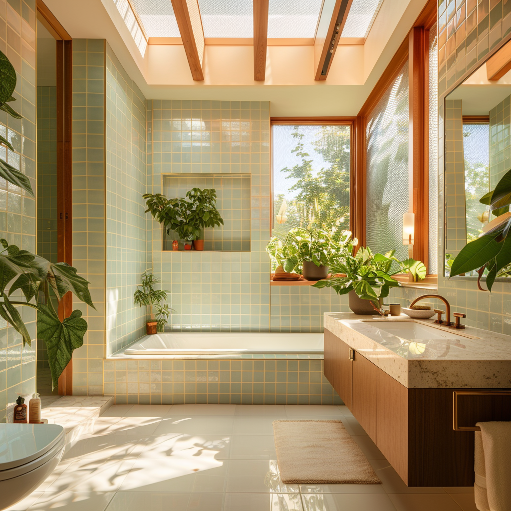 A bright and airy mid-century modern bathroom with large windows or skylights that flood the space with natural light, creating an inviting and refreshing atmosphere3