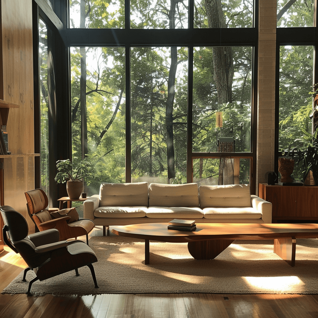 A bright and airy mid-century modern living room with clean lines, comfortable seating, and large windows allowing plenty of natural light to fill the space, creating a warm and inviting atmosphere