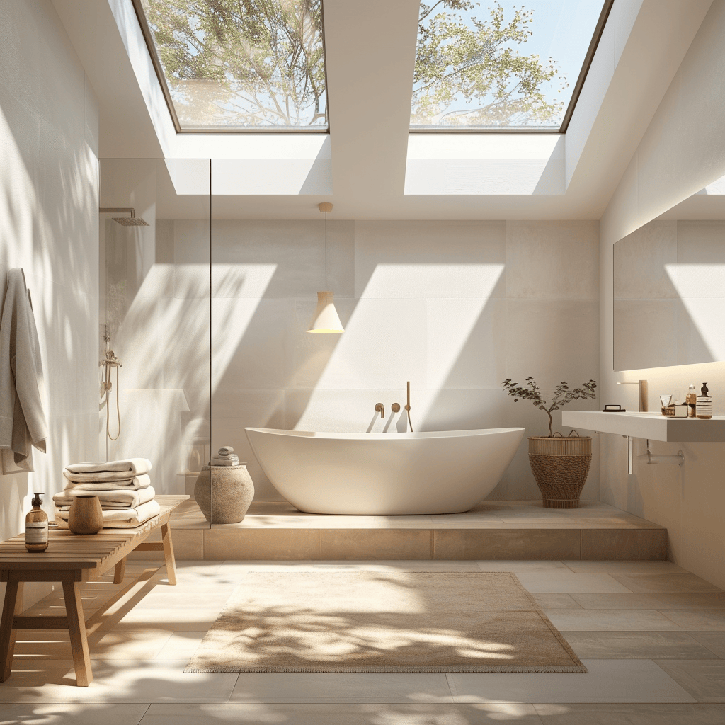 A bright and inviting modern bathroom with large windows or skylights that flood the space with natural light, modern bathroom