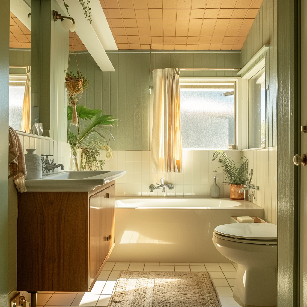 A calming mid-century modern bathroom showcasing a soothing palette of sage green, warm beige, and soft gray tones, creating a serene and inviting atmosphere1