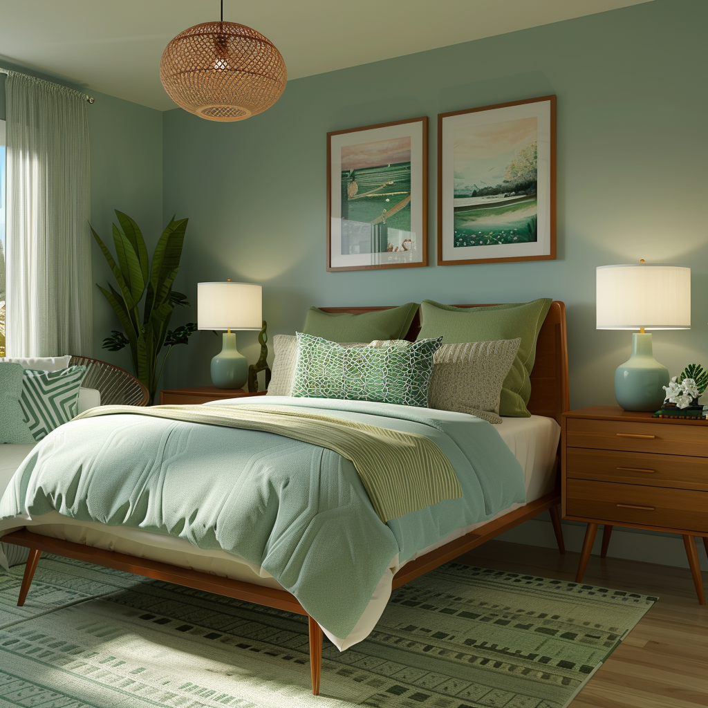 A calming mid-century modern bedroom retreat with cool blue and green hues, promoting relaxation and tranquility1