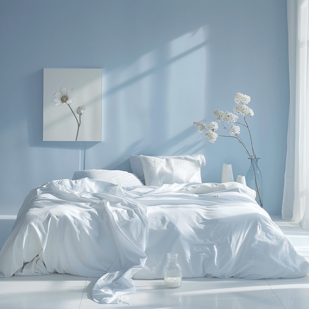 A calming minimalist bedroom in pale blue and white, featuring a simple bed, crisp linens, artwork, and a vase with a single white flower4