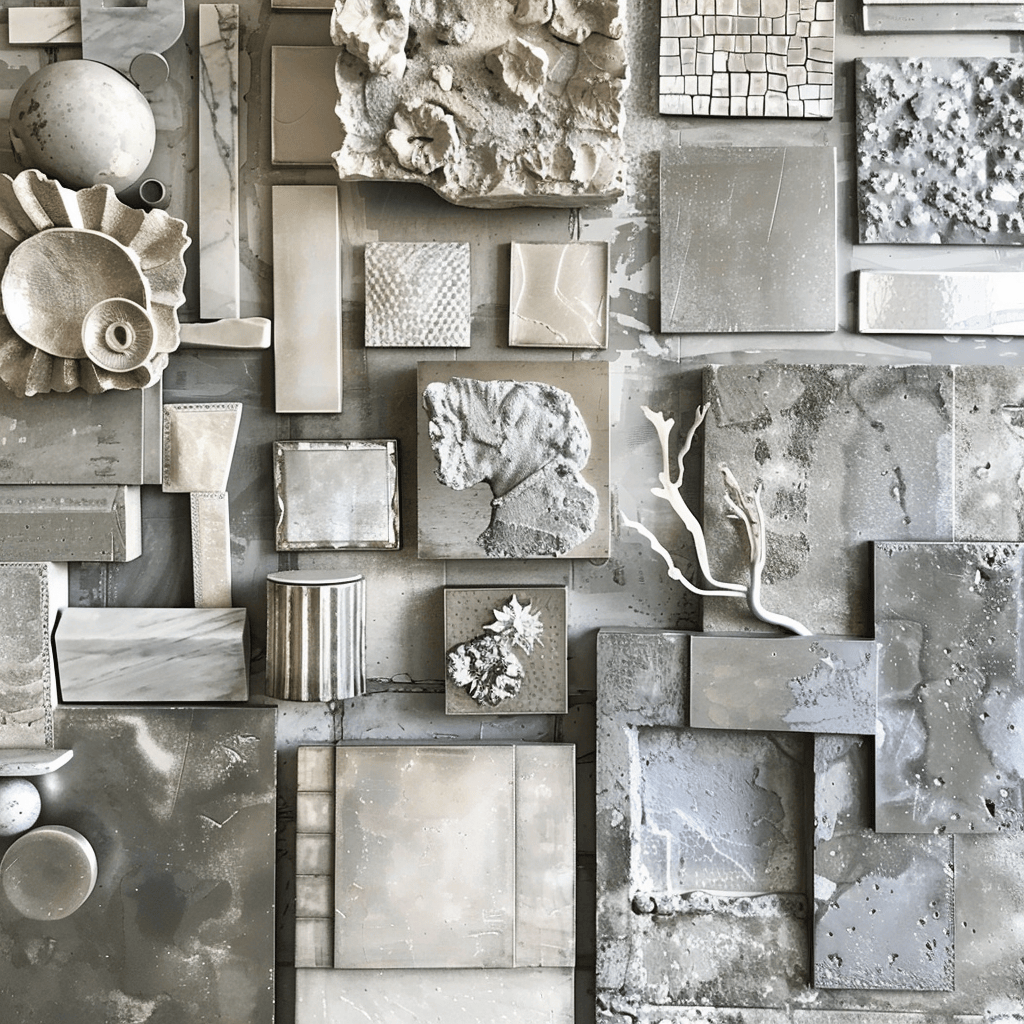 A captivating silver color palette moodboard, highlighting the cool elegance of silver in various textures and finishes for modern decor
