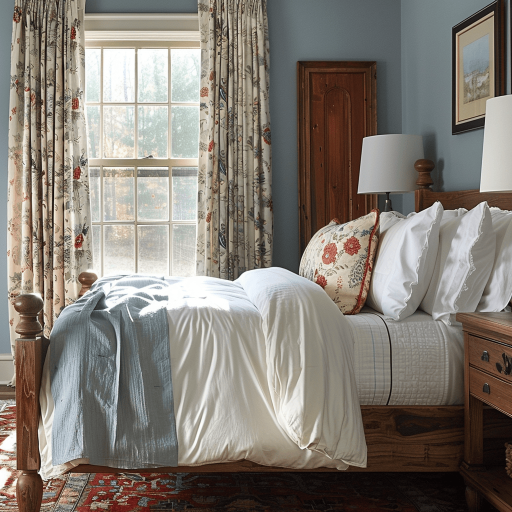 A charming English countryside bedroom featuring soft, muted blue walls, a rustic wooden bed frame with creamy white linens, and a harmonious mix of earthy and vibrant accent colors