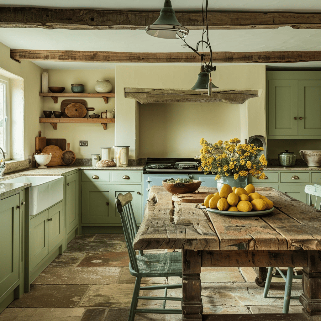 A charming English countryside farmhouse kitchen with olive green cabinets, a large wooden dining table, creamy white walls, and cheerful accents in sunny yellow and sky blue