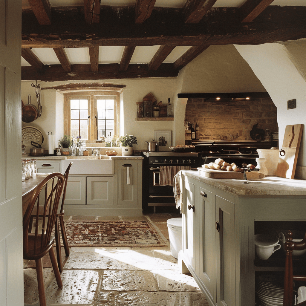 A charming English countryside kitchen that incorporates modern conveniences, creating a space that is both timeless and efficient