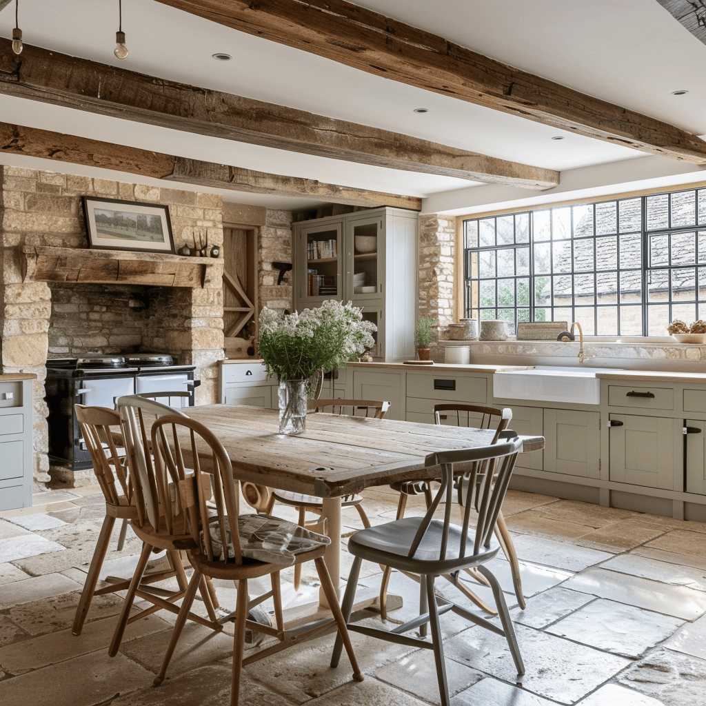A charming English countryside kitchen with a farmhouse table and chairs, perfect for family meals and gatherings
